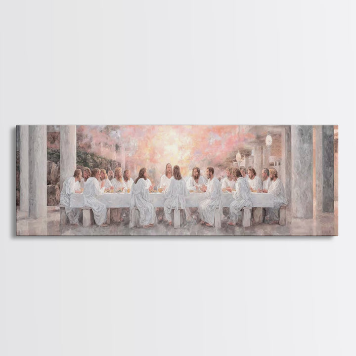 Sacred Supper Reflection, Framed Canvas Print, Christian Wall Art, Jesus Painting, Panoramic Painting, Christian Art Canvas