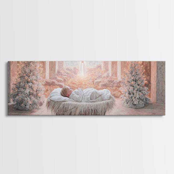 Manger Dawn Peace | Framed Canvas Print | Christian Art Canvas | Panoramic Art | Christian Christmas Art | Jesus Painting | Christian Decor
