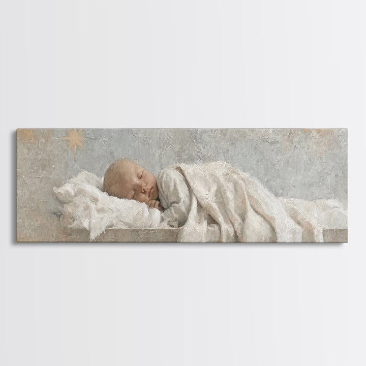 Gentle Holy Night, Framed Canvas Print, Christian Christmas Art, Panoramic Print, Christian Art Canvas, Jesus Painting, Christmas Decor