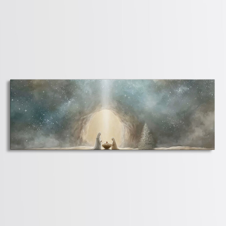Starlit Holy Night – Framed Canvas Print – Christian Wall Art – Panoramic Art – Christian Art Canvas – Christmas Art – Jesus Christmas Art
