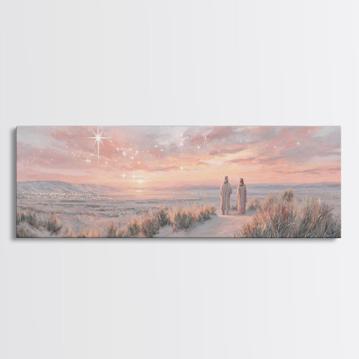 Bethlehem Dawn Glow, Framed Canvas Print, Christian Wall Art, Panoramic Frame, Christian Christmas Art, Jesus Art Print, Christmas Decor
