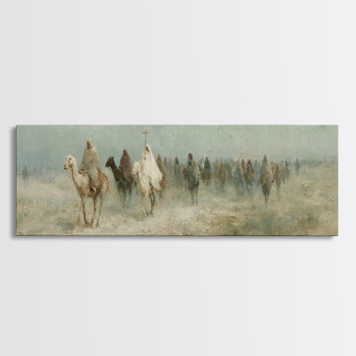Pilgrims In Haze – Framed Canvas Print – Christian Wall Art – Panoramic Painting – Christian Art Canvas – Christmas Art – Christian Decor