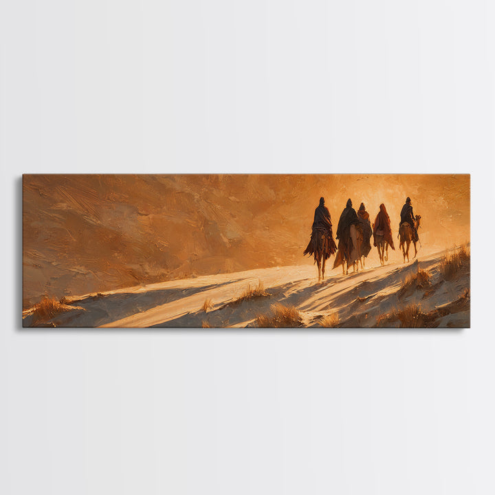 Golden Caravan Light, Framed Canvas Print, Christian Christmas Art, Panoramic Wall Art, Christian Art Canvas, Jesus Painting, Christmas Wal