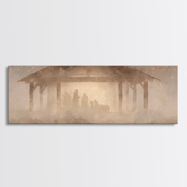 Glory In The Stable | Framed Canvas Print | Christian Wall Art | Christian Art Canvas | Extra Wide Art | Christmas Art | Christian Painting