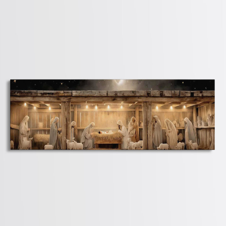 Nativity Serenity – Framed Canvas Print – Christian Wall Art – Christian Art Canvas – Panoramic Frame – Christmas Art – Christian Christmas