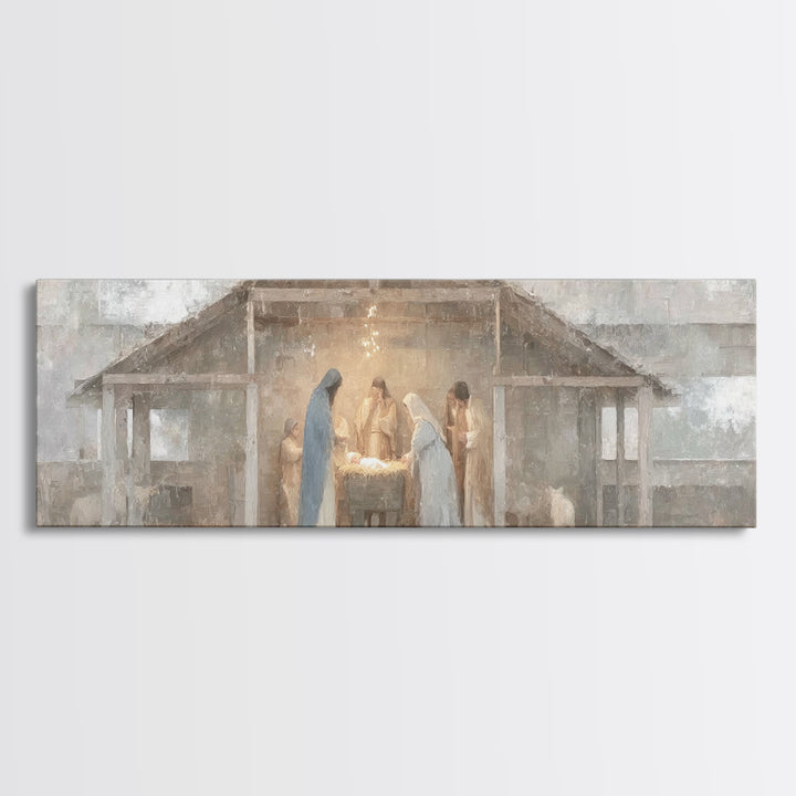 Starry Night Nativity, Framed Canvas Print, Christian Wall Art, Christian Art Canvas, Panoramic Art, Christmas Art, Jesus Christmas Art