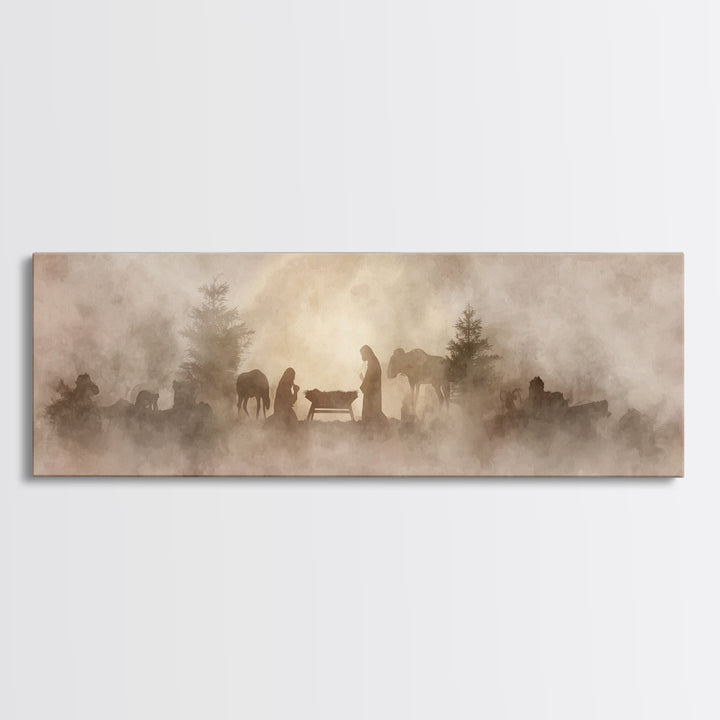 Manger In The Mist, Framed Canvas Print, Panoramic Art, Christian Wall Art, Christian Art Canvas, Christmas Art, Christian Decor, Jesus Pai