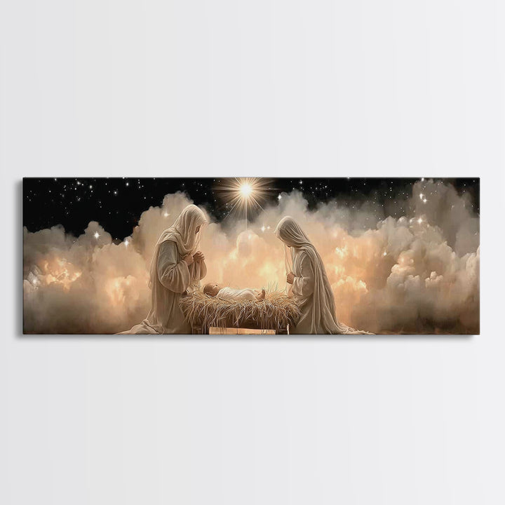 Celestial Manger Peace – Framed Canvas Print – Panoramic Art – Christian Wall Art – Christian Art Canvas – Christmas Art – Jesus Painting –