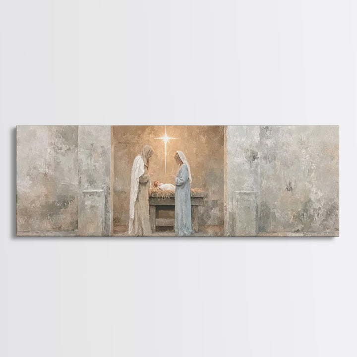 Humble Manger Peace – Framed Canvas Print – Christian Wall Art – Christmas Art – Panoramic Print – Christian Art Canvas – Christian Decor