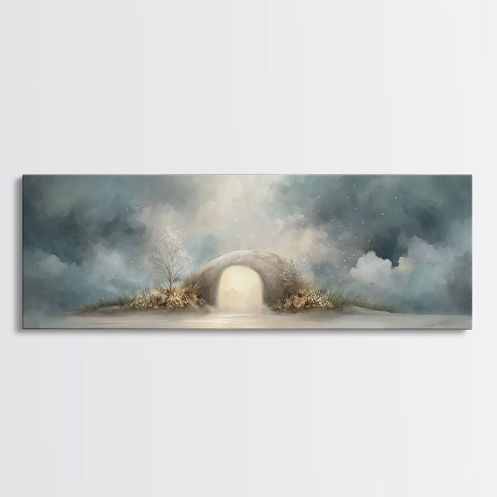 Heavenly Tomb Glow | Framed Canvas Print | Christian Wall Art | Christian Art Canvas | Christian Painting | Panoramic Wall Art | Christmas