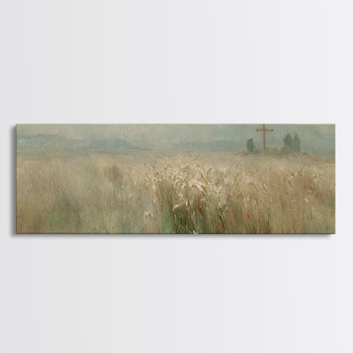 Silent Crossfield, Framed Canvas Print, Christian Wall Art, Christian Art Canvas, Panoramic Painting, Christian Art Work