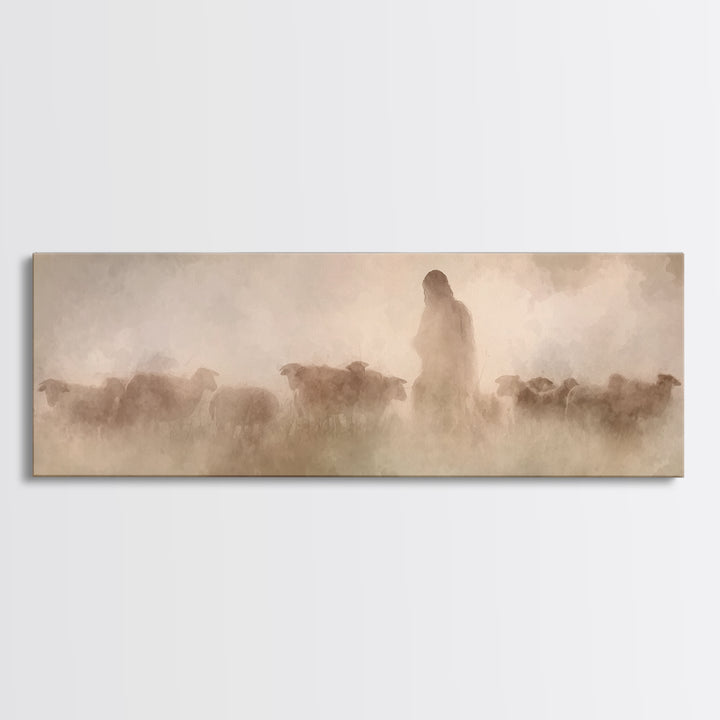 Guiding Shepherd | Framed Canvas Print | Panoramic Wall Art | Christian Art Canvas | Jesus Painting | Christian Decoration | Christian Gift