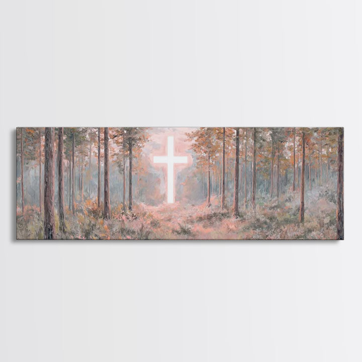 Forest Cross Light, Framed Canvas Print, Panoramic Wall Art, Christian Wall Art, Jesus Painting, Christian Canvas, Christian Art, Faith Art