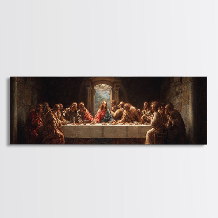 Sacred Supper Moment, Framed Canvas Print, Panoramic Painting, Christian Wall Art, Jesus Painting, Christian Art Canvas, Modern Christian A