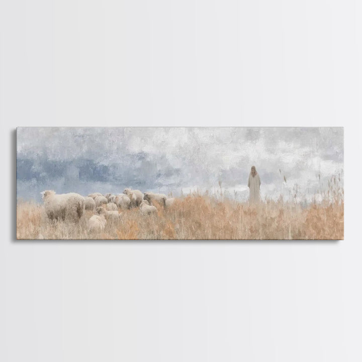 Shoreline Shepherd Dawn | Framed Canvas Print | Panoramic Frame | Christian Art Canvas | Jesus Painting | Christian Wall Art | Subtle Chris