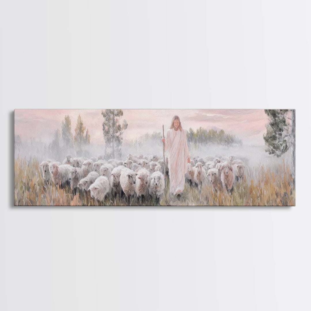 Radiant Shepherd Light, Framed Canvas Print, Panoramic Wall Art, Jesus Canvas Art, Christian Art, Christian Christmas Art, Modern Christian