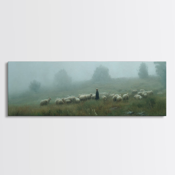 Shepherds In Mist | Framed Canvas Print | Panoramic Art | Christian Wall Art | Christian Art Canvas | Jesus Painting | Subtle Christian Art