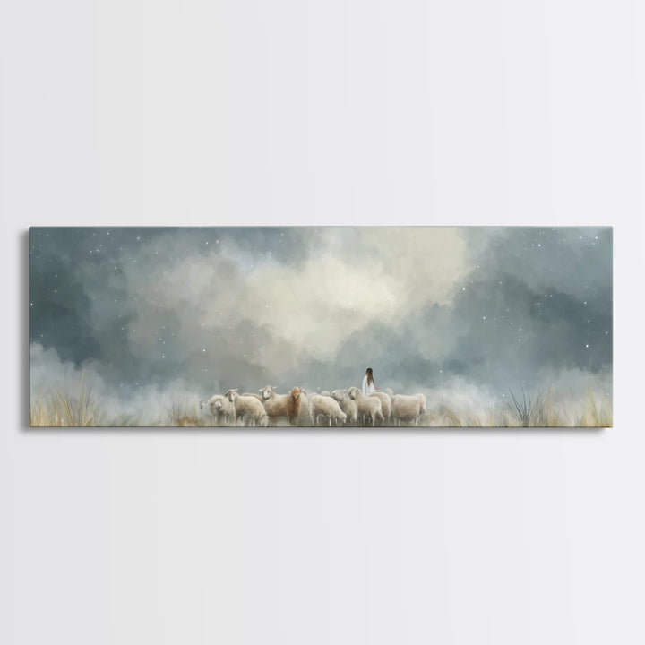 Starry Night Flock – Framed Canvas Print – Panoramic Wall Art – Christian Art Canvas – Christian Christmas Art – Jesus Painting – Christian