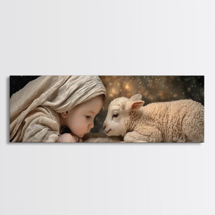 Little Lamb Blessing – Framed Canvas Print – Christian Painting – Panoramic Wall Art – Christmas Art – Christian Art Gift – Christian Decor