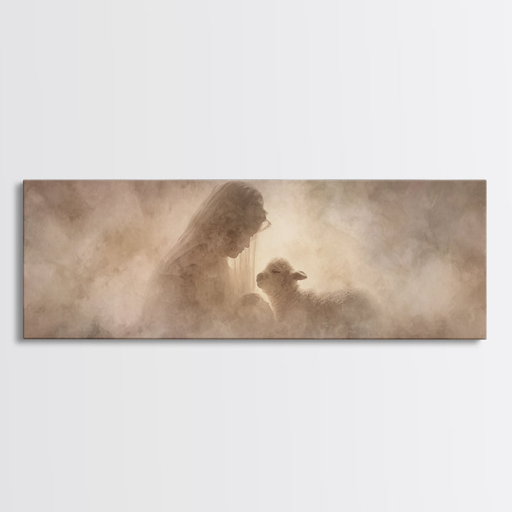 Sacred Embrace, Framed Canvas Print, Christian Christmas Art, Panoramic Painting, Christian Wall Art, Framed Christian Art, Christmas Art