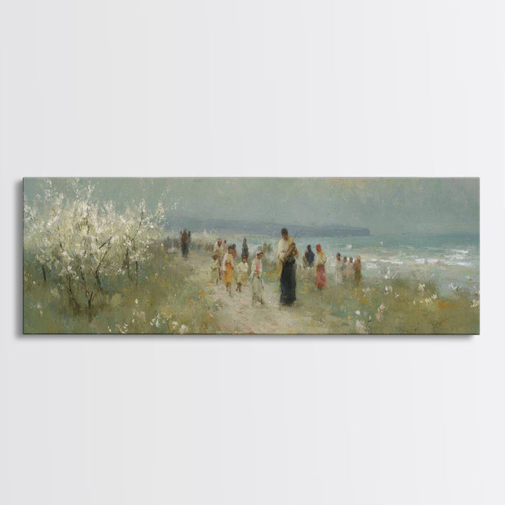 Shoreline Mercy, Framed Canvas Print, Christian Art Canvas, Panoramic Wall Art, Jesus Painting, Christian Wall Art, Christmas Art Prints
