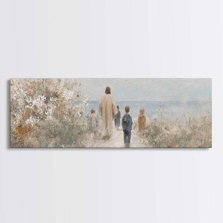 Silent Footsteps, Framed Canvas Print, Christian Art Canvas, Panoramic Painting, Jesus Wall Art, Christian Art Gift, Christmas Art