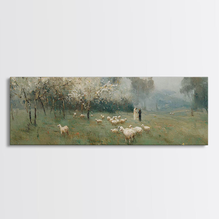 Pastoral Spring Light, Framed Canvas Print, Christian Wall Art, Panoramic Painting, Jesus Canvas Art, Christian Art Canvas, Christmas Art