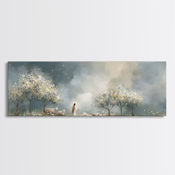 Radiant Shepherd Light – Framed Canvas Print – Christian Art Canvas – Panoramic Painting – Jesus Wall Art – Christian Christmas Art