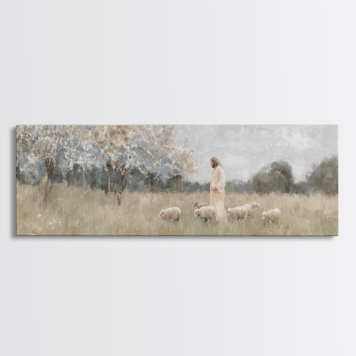 Heavenly Pastures | Framed Canvas Print | Christian Wall Art | Panoramic Art | Jesus Painting | Christian Art Canvas | Christmas Art