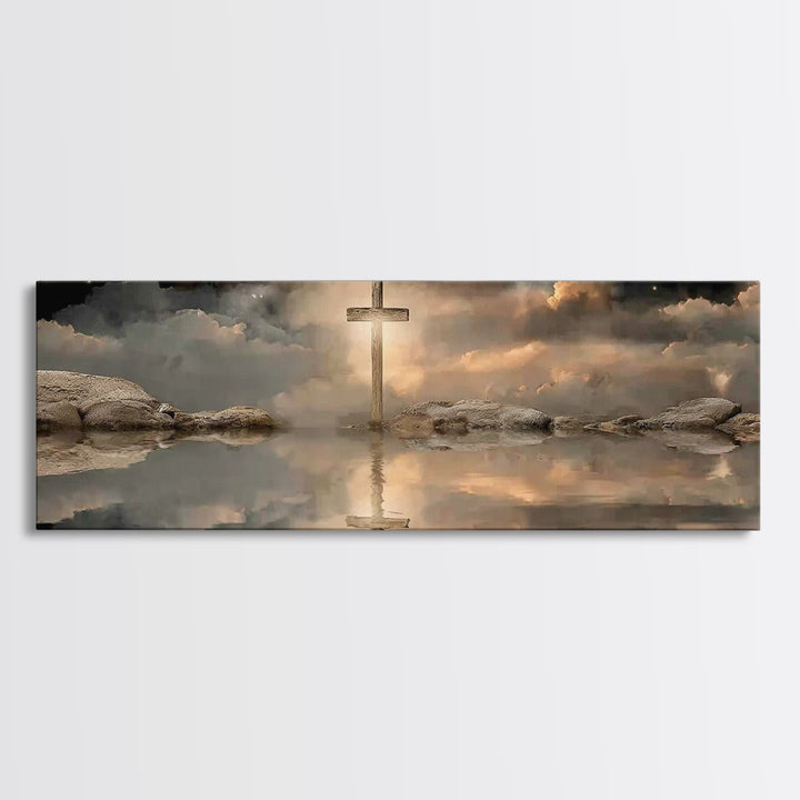 Night Of The Cross – Framed Canvas Print – Panoramic Wall Art – Christian Art Canvas – Christian Painting – Christmas Art – Christian Decor