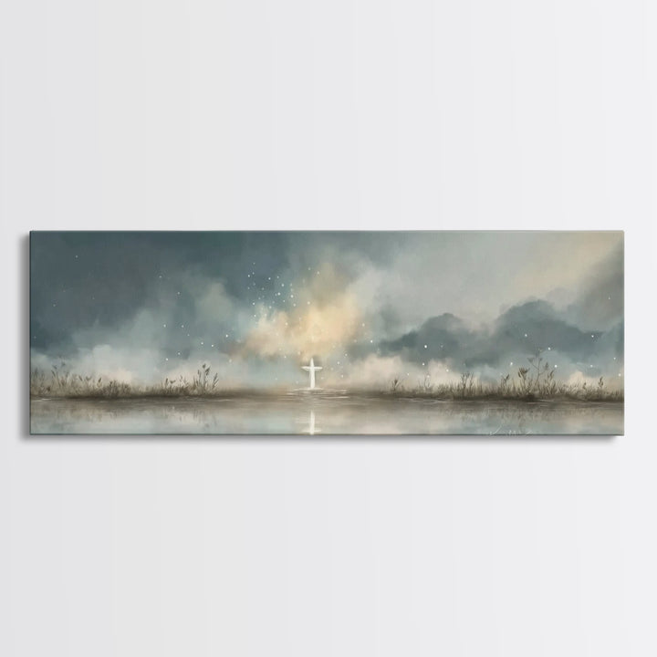 Cross At Horizon | Framed Canvas Print | Panoramic Print | Christian Art Canvas | Christian Wall Art | Minimalist Christian Art | Christmas