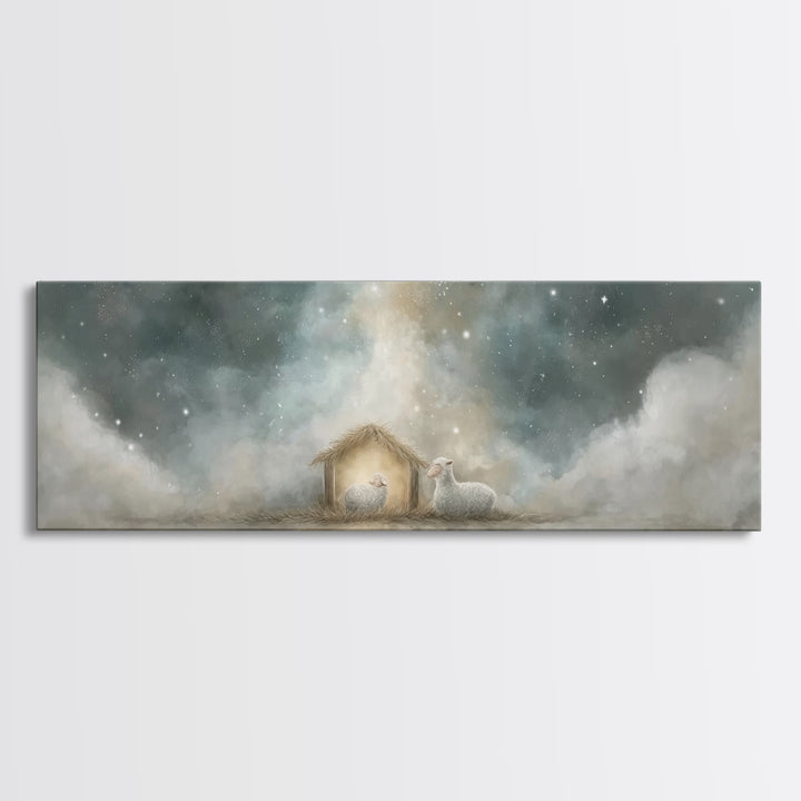 Starry Holy Night, Framed Canvas Print, Christian Wall Art, Panoramic Painting, Christian Christmas Art, Christian Art Print, Jesus Canvas