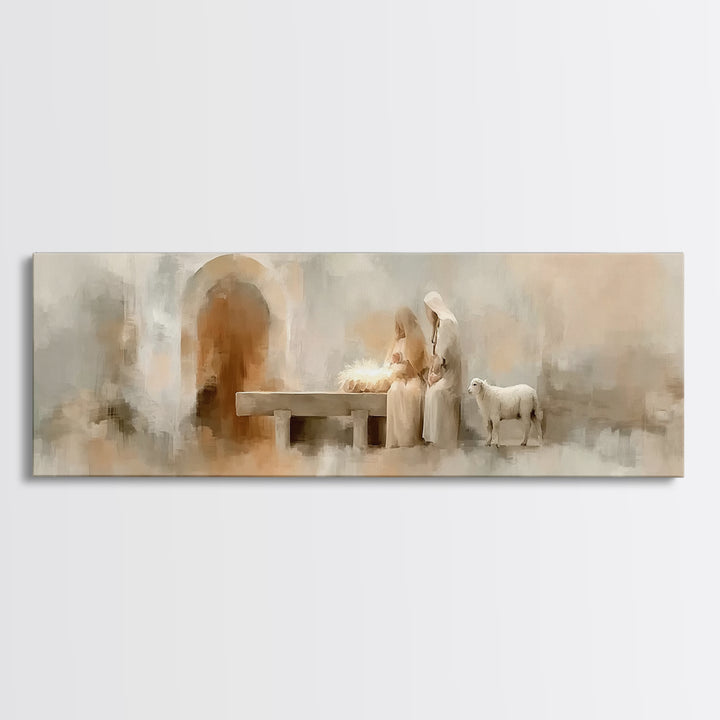Sacred Manger Light – Framed Canvas Print – Christmas Art – Panoramic Frame – Christian Christmas Decor – Christian Painting – Christian Ar