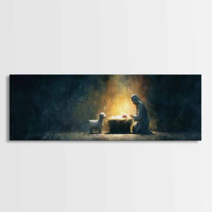 Silent Nativity Glow – Framed Canvas Print – Panoramic Art – Christian Wall Art – Christmas Art – Christian Art Print – Jesus Christmas Art