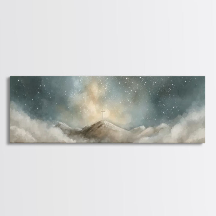 Starlit Redemption | Framed Canvas Print | Christian Wall Art | Jesus Painting | Christian Art Print | Christmas Art | Panoramic Wall Art
