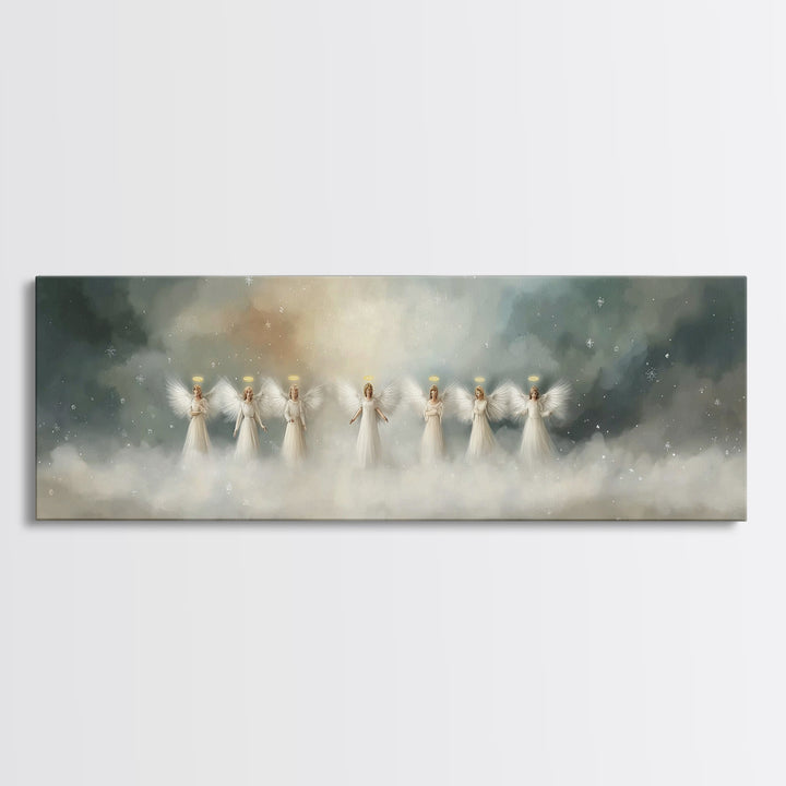 Angels Of Dawn, Framed Canvas Print, Christian Wall Art, Panoramic Art, Christian Christmas Art, Christian Art Canvas