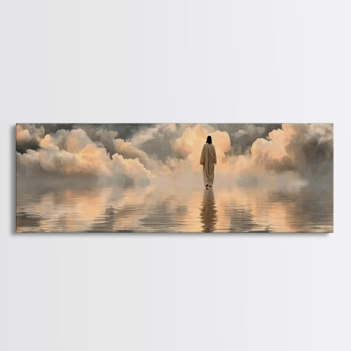 Silent Shore Walk | Framed Canvas Print | Christian Art Print | Panoramic Frame | Jesus Canvas Art | Christian Wall Art