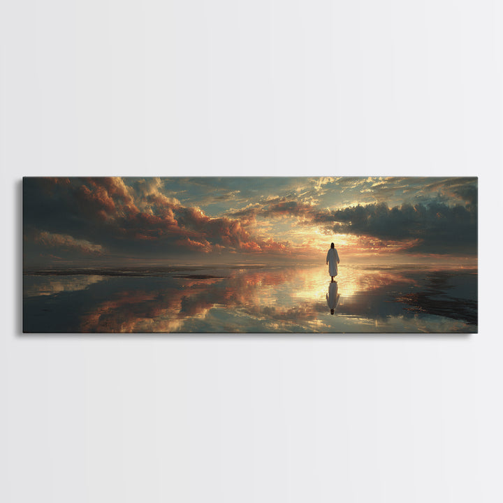 Radiant Horizon Walk, Framed Canvas Print, Jesus Wall Art, Panoramic Art, Christian Art Canvas, Moody Christian Art