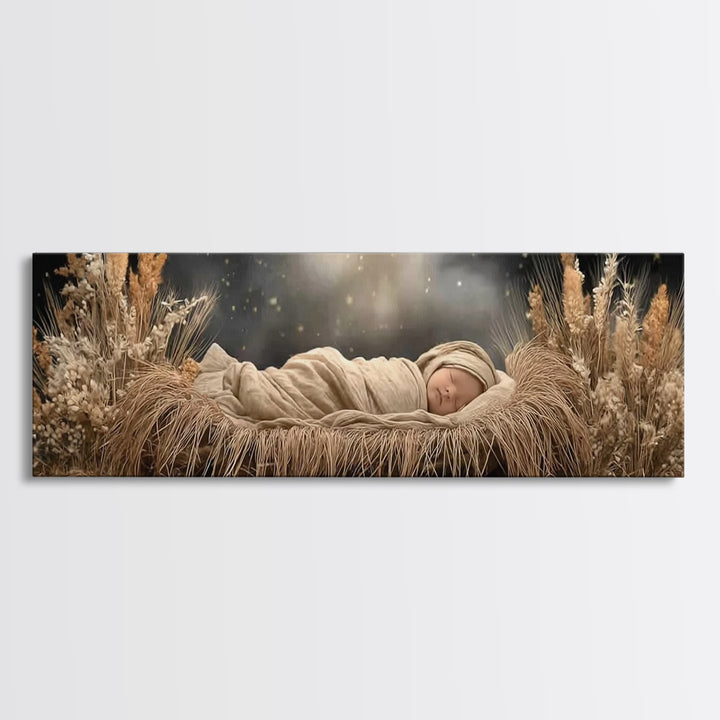 Starry Night Cradle, Framed Canvas Print, Christian Wall Art, Jesus Christmas Art, Christian Art Canvas, Panoramic Painting, Christian Chri