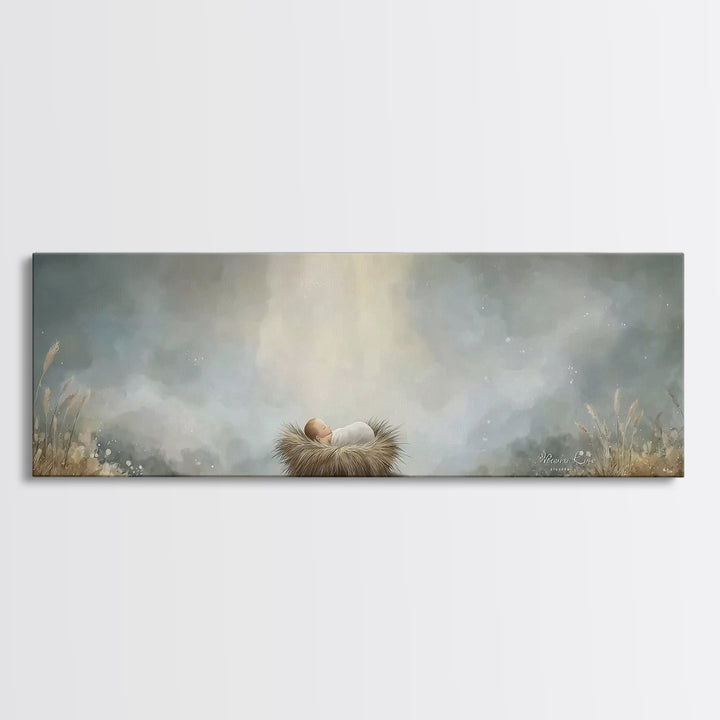 Heavenly Dawn Cradle – Framed Canvas Print – Christian Art – Panoramic Wall Art – Christian Christmas Art – Christian Art Canvas – Christma