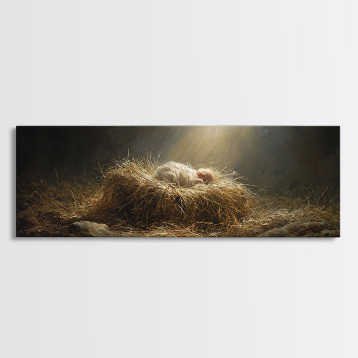 Holy Night Radiance, Framed Canvas Print, Christian Christmas Art, Jesus Painting, Panoramic Art, Christian Wall Art, Christian Art Canvas,
