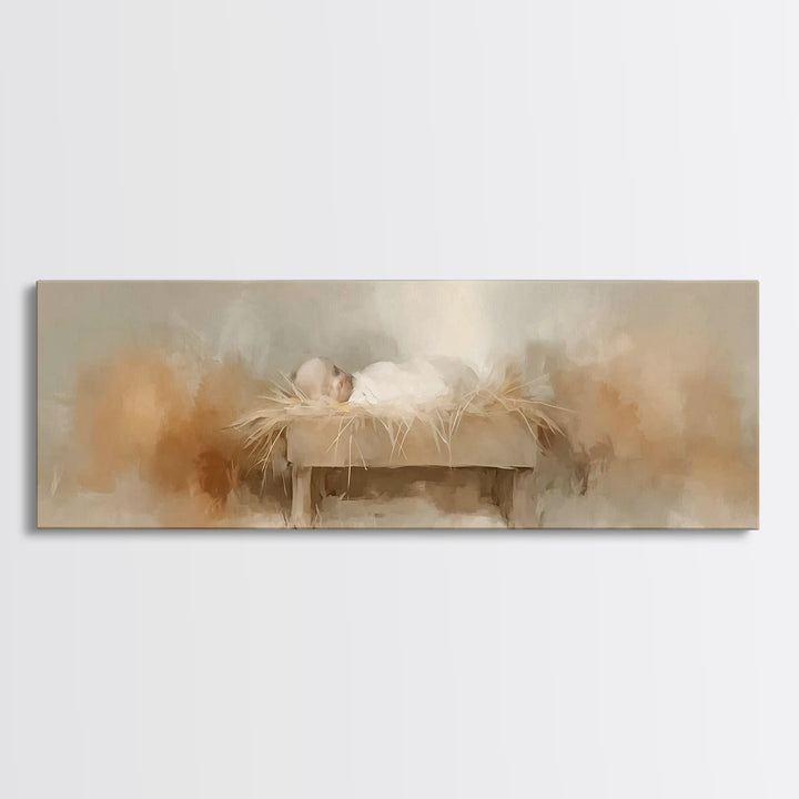 Soft Manger Light – Framed Canvas Print – Christian Wall Art – Panoramic Frame – Christian Christmas Art – Christian Art Canvas – Christmas
