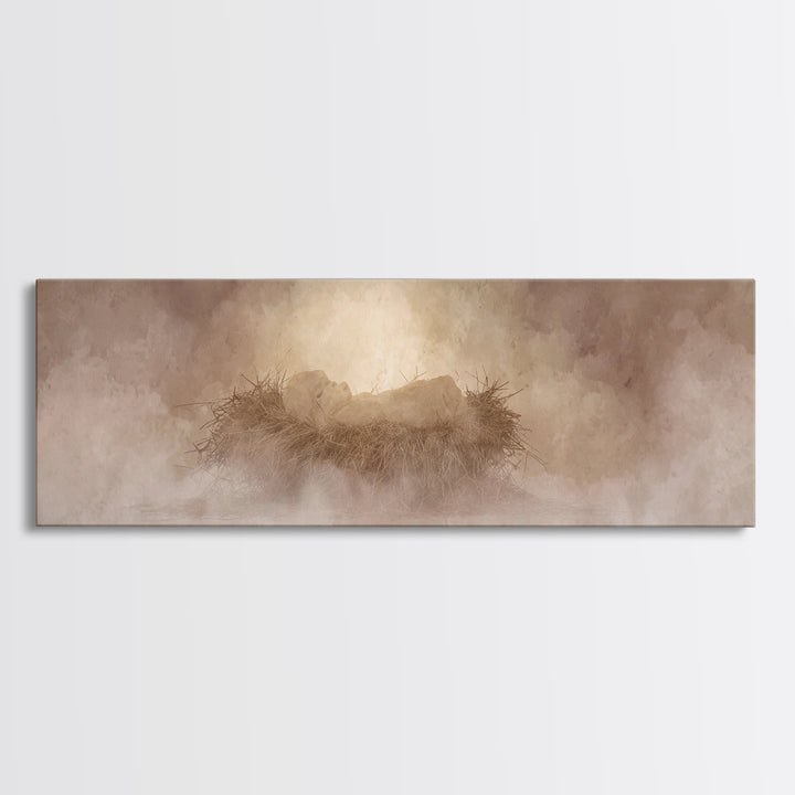 Celestial Manger Mist | Framed Canvas Print | Christian Art | Panoramic Wall Art | Christian Christmas Art | Jesus Art Print | Christmas Ca