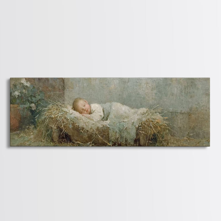 Quiet Stable Grace, Framed Canvas Print, Christian Art Canvas, Christian Wall Art, Panoramic Painting, Christian Christmas Art, Jesus Chris