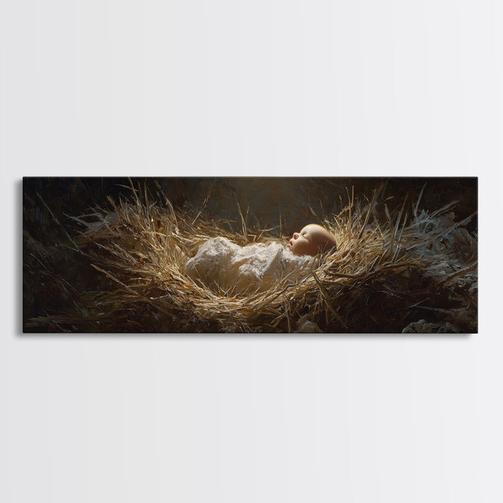 Divine Manger Glow – Framed Canvas Print – Christian Art Canvas – Panoramic Wall Art – Jesus Painting – Christian Christmas Art – Christian