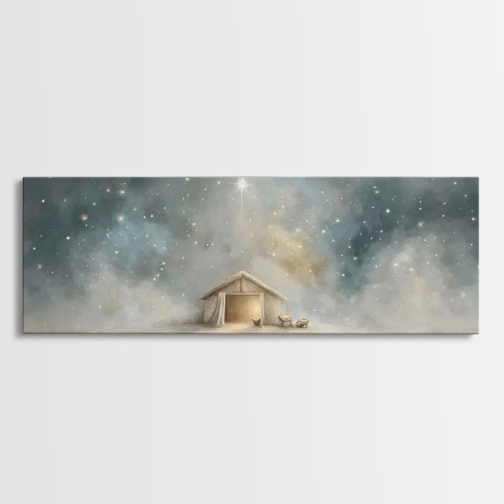 Silent Night Stable, Framed Canvas Print, Panoramic Painting, Christian Wall Art, Christmas Art, Christian Art Canvas, Christian Christmas