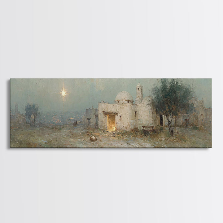 Bethlehem Evening Glow | Framed Canvas Print | Panoramic Painting | Christian Art Canvas | Christmas Wall Art | Christian Christmas Art | C