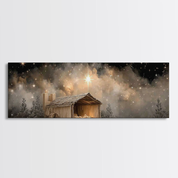 Starry Night Shelter – Framed Canvas Print – Panoramic Wall Art – Christmas Art – Christian Art Canvas – Christian Wall Art – Christian Chr
