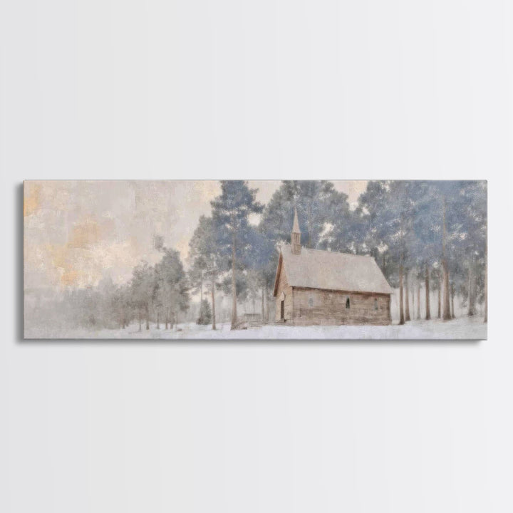 Winter Chapel Peace | Framed Canvas Print | Panoramic Art | Christian Wall Art | Christian Art Canvas | Christmas Art | Christian Christmas