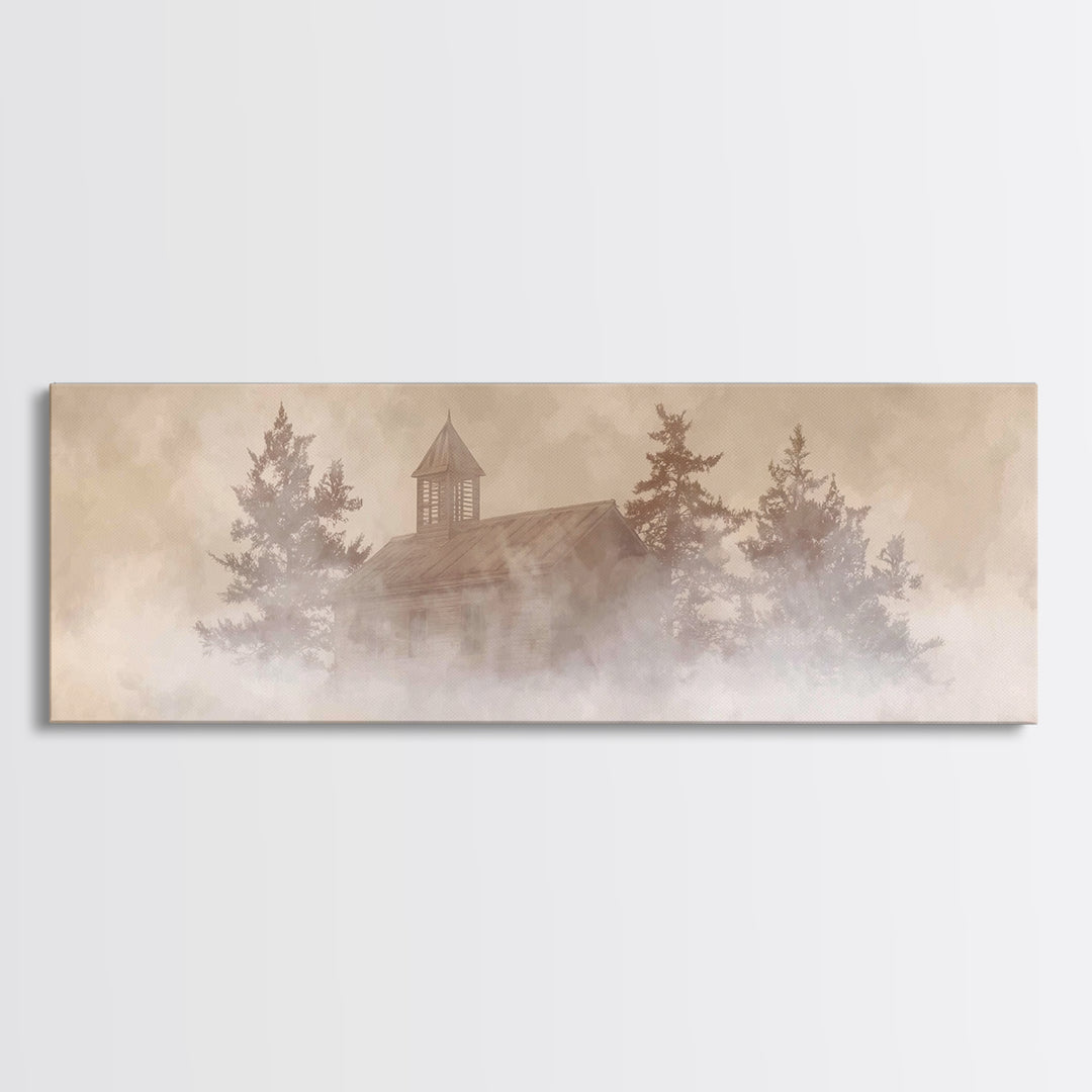 Foggy Chapel Stillness, Framed Canvas Print, Panoramic Frame, Christian Art Canvas, Christmas Art, Christian Wall Art, Christian Christmas